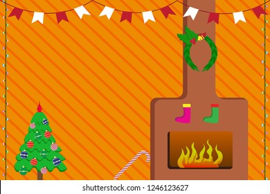 Christmas new year home scene a tree with decorations and a fireplace and candy cane and wreath 