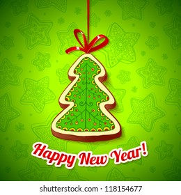 Christmas and New Year honey cake tree with red ribbon and text on the green seamless background