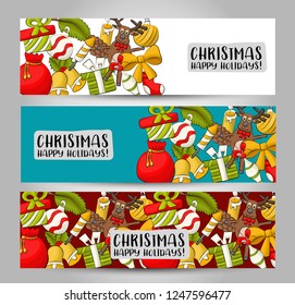 Christmas and New Year horizontal banner set. Cute header for invitation, advertisement, web page. Hand drawn  doodle cartoon style modern winter holidays design concept. Vector illustration.