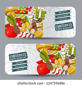 Christmas and New Year horizontal banner set. Cute header for invitation, advertisement, web page. Hand drawn  doodle cartoon style modern winter holidays design concept. Vector illustration.