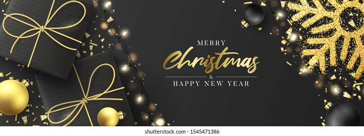 Christmas and New Year horizontal banner. Festive background with realistic black gift boxes, gold snowflake and sparkling light garlands. Vector illustration with Christmas balls and confetti.