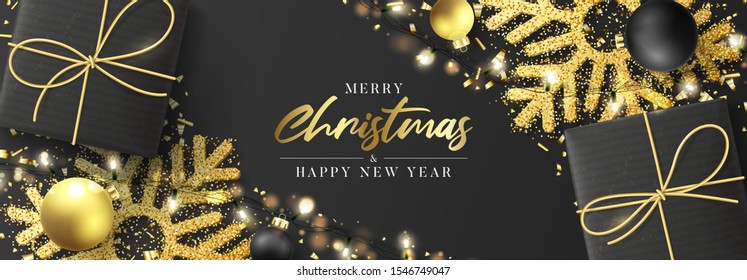 Christmas and New Year horizontal banner. Festive background with realistic black gift boxes, gold snowflakes and sparkling light garlands. Vector illustration with Christmas balls and confetti.