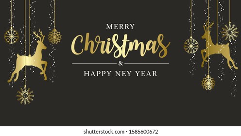 Christmas and New Year horizontal banner with golden Christmas ornament and deer hanging on black background - Vector Illustration