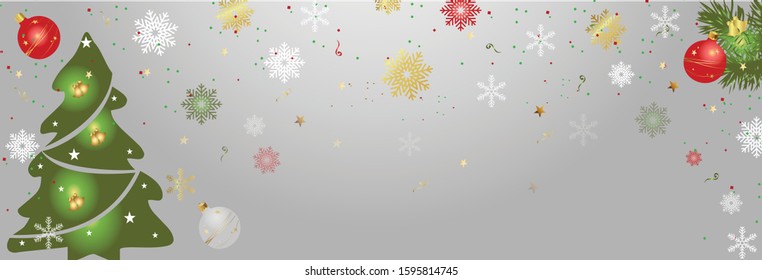 Christmas and New Year horizontal banner. Christmas tree Festive background snowflakes and sparkling light garlands. Vector illustration with Christmas balls.