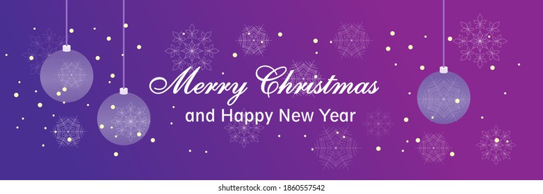 Christmas and New Year horizontal banner. Festive background with snowflakes and Christmas balls. Vector illustration