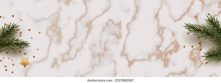 Christmas and New Year horizontal banner web poster, header for website, web border. Festive Xmas decoration design green fir branches, on realistic marble pattern texture. Vector illustration