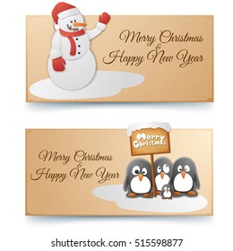 Christmas and New Year horizontal banners with funny snowman and cute penguins vector illustration