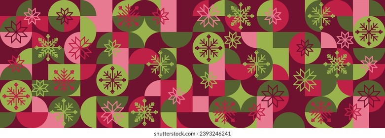 Christmas and New Year horizontal bauhaus banner with geometric shapes and snowflakes. Vector illustration