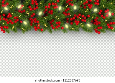 Christmas and New Year horizontal border Realistic branches of Christmas tree, garland with glowing lightbulbs, holly berries, serpentine Element for festive design isolated on transparent background