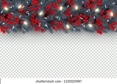 Christmas and New Year horizontal border Realistic branches of Christmas tree, garland with glowing lightbulbs, holly berries, serpentine Element for festive design isolated on transparent background