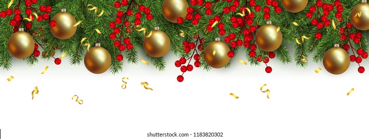 Christmas and New Year horizontal border Realistic branches of Christmas tree, ball, garland with glowing lightbulbs, holly berries Decoration for festive design isolated on white background