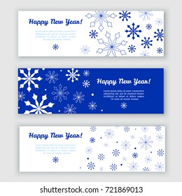 Christmas and New Year horizontal cards set with snowflakes on blue and white background. Shining snowfall. Seasonal greetings. Vector illustration. Place for your text. Holiday banner design