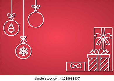 Christmas and New Year horizontal congratulation banner with line decorative tree balls with patterns and stack of gift boxes on red background - vector illustration of winter holiday greeting card.