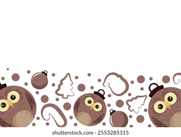 christmas or new year horizontal posters with round balls and different christmas toys with brown owl design, for different holiday ads and banners