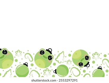 christmas or new year horizontal posters with round balls and different christmas toys with green frog design, for different holiday ads and banners