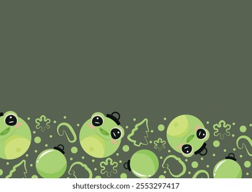 christmas or new year horizontal posters with round balls and different christmas toys with green frog design on a green background, for different holiday ads and banners