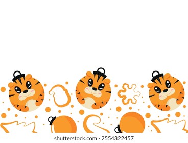 christmas or new year horizontal posters with round baubles and different christmas toys with orange tiger design, for different holiday ads and banners