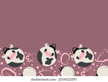 christmas or new year horizontal posters with round baubles and different christmas toys with white cow design on a pink background, for different holiday ads and banners