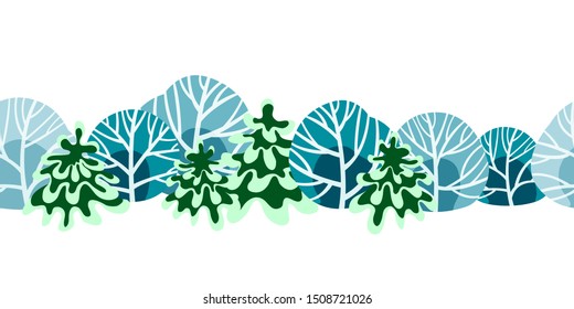 Christmas and New Year horizontal seamless vector pattern with winter snow laden trees