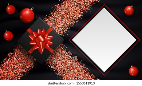 Christmas and New Year horizontal template for your arts and copy space. Holiday poster with white frame, red balls, realistic gift box and glitter sparkles on dark fabric background