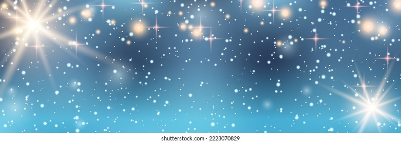 Christmas and New Year horizontal vector banner template. Blue background with stars, snowflakes and glow effect