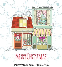 Christmas and New Year house invitation card. Hand drawn city vector illustration of winter decorated house on light background Winter holiday collection