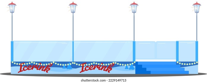 Christmas New Year ice rink or hockey playground, happy winter holiday, ice skating season cartoon style vector illustration.