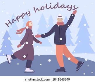 Christmas and New Year with ice skating couple. Amazing winter holiday card. Winter sport and recreation, winter holiday vacation concept vector illustration. EPS 10. winter sport