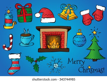 Christmas and New Year icon for design. Hand drawing, lettering and doodles elements. Colorful icons. Vector Illustration.