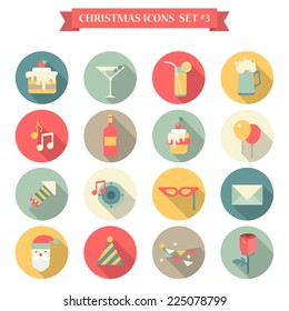 Christmas New Year icon set flat style sweets drinks decoration cake martini lemonade beer music wine santa cap rose envelope mask. Collection of holiday icons web element infographics print template.