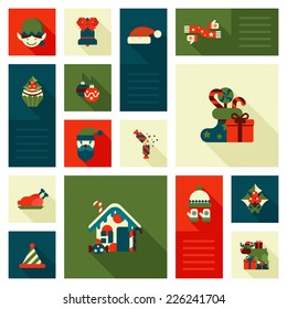 Christmas New Year icon set flat style decorations. Elf hat cap sock gift present sweet candy deer reindeer house turkey head bell. Collection of holiday icons web element infographics print template.