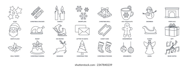 Christmas and New Year icon set, Included icons as Christmas Tree, Santa Claus, Hot Chocolate and more symbols collection, logo isolated vector illustration