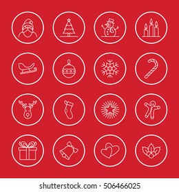 Christmas and new year icon set vector illustration - white outline with circle frame