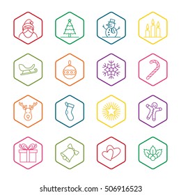 Christmas and new year icon set vector illustration - colorful outline with hexagon frame