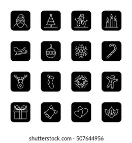 Christmas and new year icon set vector illustration - outline on black rounded rectangle