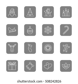 Christmas and new year icon set vector illustration - outline on gray rounded rectangle