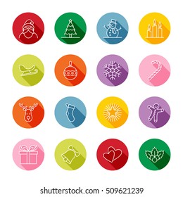 Christmas and new year icon set vector illustration - white outline on colorful circle with long shadow