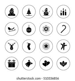 Christmas and new year icon set vector illustration - black with circle frame