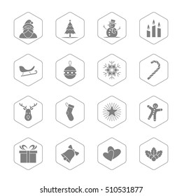 Christmas and new year icon set vector illustration - gray with hexagon frame