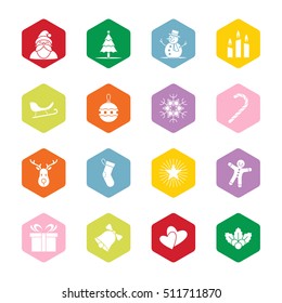 Christmas and new year icon set vector illustration - colorful hexagon