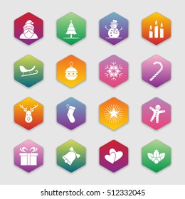 Christmas and new year icon set vector illustration - white on colorful gradient hexagon