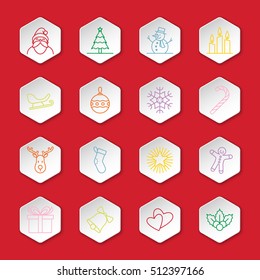 Christmas and new year icon set vector illustration - colorful outline on white hexagon button