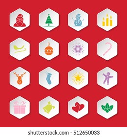 Christmas and new year icon set vector illustration - colorful on white hexagon button
