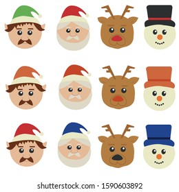 christmas and new year icons with elf deer snowman and santa