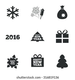 Christmas, new year icons. Gift box, fireworks and snowflake signs. Santa bag, salut and rocket symbols. Flat icons on white. Vector