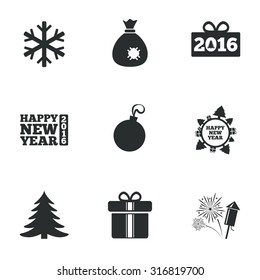 Christmas, new year icons. Gift box, fireworks and snowflake signs. Santa bag, salut and decoration ball symbols. Flat icons on white. Vector