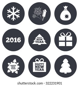 Christmas, new year icons. Gift box, fireworks and snowflake signs. Santa bag, salut and rocket symbols. Gray flat circle buttons. Vector