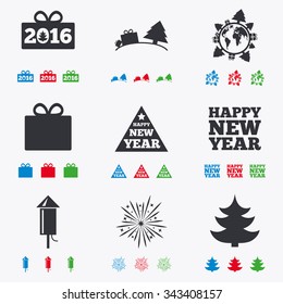 Christmas, new year icons. Gift box, fireworks signs. Santa bag, salut and rocket symbols. Flat black, red, blue and green icons.