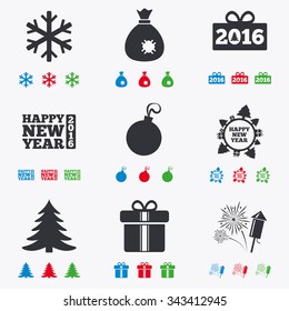 Christmas, new year icons. Gift box, fireworks and snowflake signs. Santa bag, salut and decoration ball symbols. Flat black, red, blue and green icons.