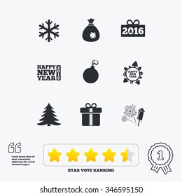 Christmas, new year icons. Gift box, fireworks and snowflake signs. Santa bag, salut and decoration ball symbols. Star vote ranking. Award achievement and quotes.
